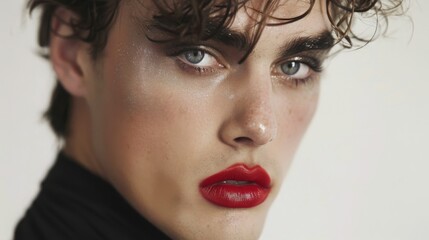 A close-up portrait of a young man with dark, wavy hair wearing red lipstick and bold eyeliner.