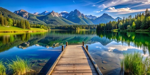 Obraz premium Wooden Dock Leading to Mountain Reflections in a Tranquil Lake, mountain lake, reflection, wooden dock, serene