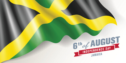 Jamaica independence day vector banner, greeting card. Jamaican wavy flag in 6th of August national patriotic holiday horizontal design