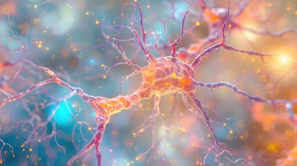 Neurons in the brain against a digital circuitry background, with vibrant electrical impulses, detailed axons, and dendrites, captured with a macro lens in soft natural light.