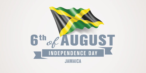 Jamaica happy independence day greeting card, banner vector illustration. Jamaican national holiday 6th of August design element with realistic flag
