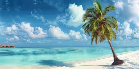 A palm tree stands tall next to the vast ocean, with sandy dunes in the background