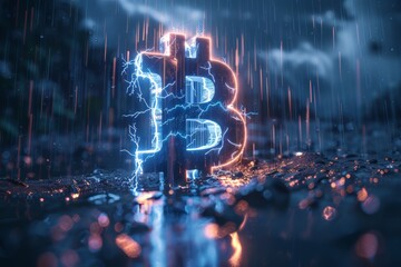 Glowing electrified Bitcoin symbol in the rain against dark blue cloudy sky as abstract finance background concept. 