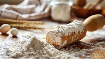 Rolling pin on table with flour and tablecloth