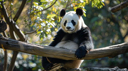 Obraz premium Panda rests sitting on a tree.