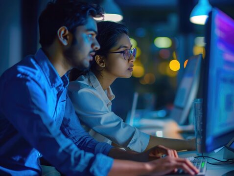 Couple using laptops at home or office, idea for family time or remote work - Powered by Adobe