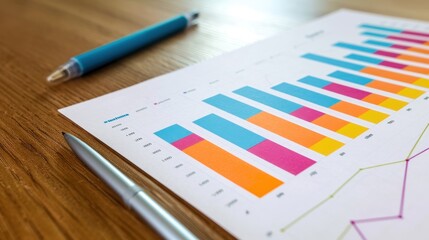 Colorful bar and line graphs on a paper with a pen on a wooden desk, representing business data analytics and financial statistics.