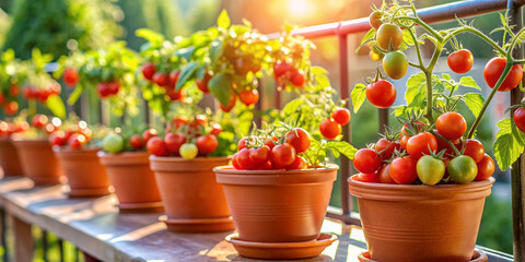 Ripe cherry tomatoes growing in terracotta pots on Sunny Balcony