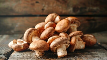 A pile of shiitake mushrooms on a rustic wooden table. Concept of fresh produce, organic food, culinary ingredients, natural textures