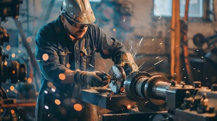 Professional Metal Worker Operating Lathe Machine. Custom Metal Elements Production.