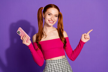 Photo of adorable lovely girl wear off shoulders top chatting instagram twitter telegram facebook...