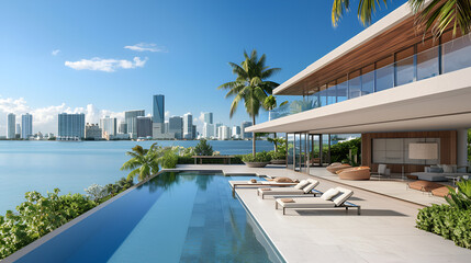 Fototapeta premium Modern villa with a private rooftop infinity pool overlooking the Miami skyline in Florida 
