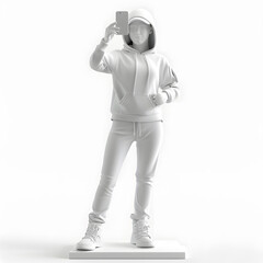 White 3d model rendering of pretty woman with cell phone isolated on white background