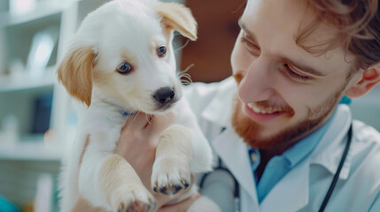 Caring veterinarian holding a cute puppy in a veterinary clinic, expressing love and compassion