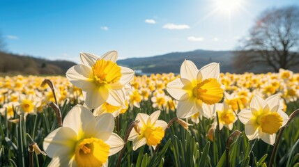 Bright yellow daffodils in lush spring field