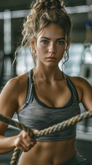 Fototapeta premium Determined Woman Working Out with Battle Ropes in Gym