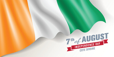 Cote Divoire independence day vector banner, greeting card. Ivory coast wavy flag in 7th of August national patriotic holiday horizontal design