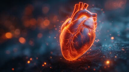  Digital Illustration of Glowing Heart on Dark Background - Perfect for Medical and Health Themes