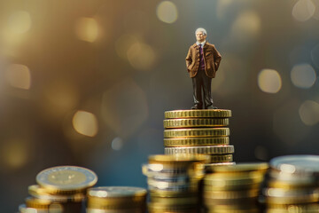concepts of retirement planning and finanacial miniature people old man figure standing on top of coin stack