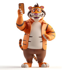 3d cartoon tiger with cell phone isolated on white background