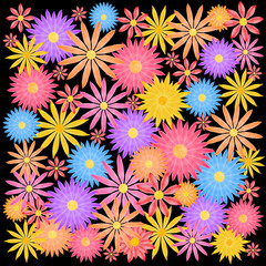 multicolor square background: bright colorful flowers against black