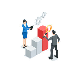 isometric vector business people analyzing a chart , in color on a white background, statistics data research and professional team work