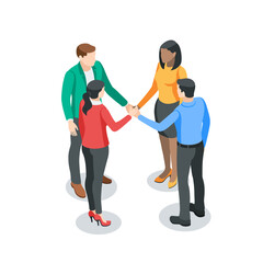 isometric vector business people joined their hands, in color on a white background, teamwork or joining forces for a common solution
