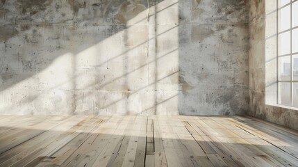 Room with wooden floor and concrete wall adorned with big white wallpaper