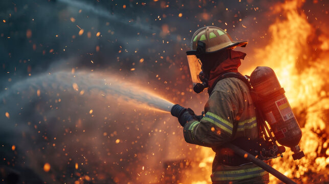 A firefighter courageously battles a raging blaze, symbolizing bravery and resilience. Ideal for emergency response and heroism themes.