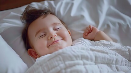 Close_up_view_a_smillying_cute_baby_is_Lying_in_bed_looking_at_the_camera_generative_ai_image