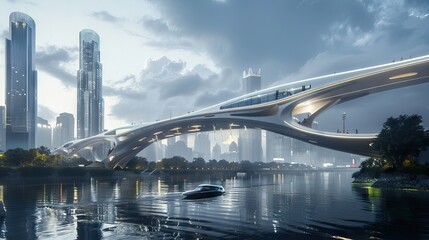 Obraz premium Panoramic view of futuristic geometric shapes design empty floor with city skyline . Sunset scene. AI generated illustration