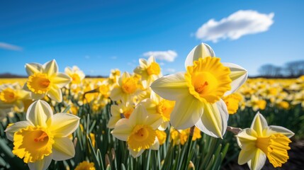 Bright yellow daffodils in lush spring field