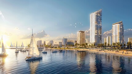 Obraz premium boats and yachts at harbor in Panama City with skyline background. AI generated illustration