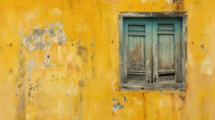 Aged Timber Window Against Yellow Wall