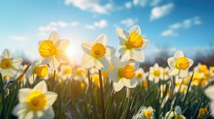 Bright yellow daffodils in lush spring field