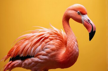 Close-up of pink flamingo on bright yellow background