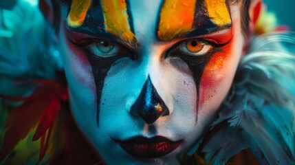 Obraz premium A man with colorful makeup on their face, looking directly at the camera with a serious expression. Their face is painted in shades of blue, orange, red, and black.