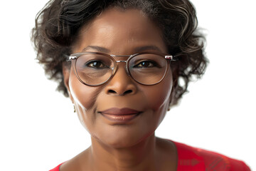 Obraz premium Closeup photo portrait of a happy beautiful elderly mature African American woman smiling isolated on white background