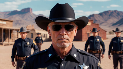 A sheriff, wearing a black cowboy hat and sunglasses, stands in a dusty town, his gaze fixed on the horizon. Three other officers are walking behind him, all with a stern look on their faces