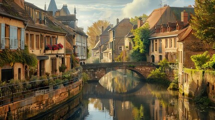 Bridge and the water reflections in Bruges, Belgium. AI generated illustration
