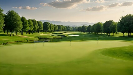 Obraz premium Green golf course with a lake and trees in the background.