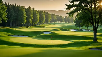 Obraz premium Scenic golf course with green grass, trees and a blue sky in the background.