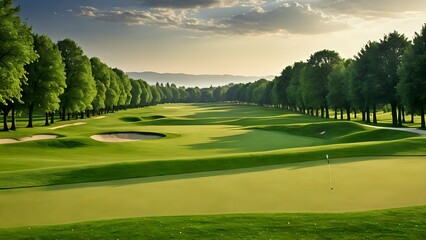 Obraz premium A scenic view of a golf course with rolling green hills and a single flag on the green.