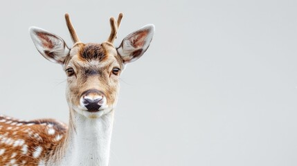 Fototapeta premium Fallow deer doe looks at camera on white background copy space