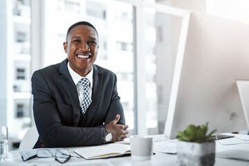 Portrait, notes and black man in office, desk and happy for case, online and bankruptcy lawyer with notebook. Legal, research and intern in law firm, writing and attorney with smile with computer