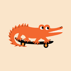 Cute red crocodile and skateboard hand drawn vector illustration. Isolated funny alligator animal in flat style for kids logo or poster.