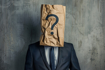 A man is wearing a suit and tie and has a paper bag over his head, generative ai image.