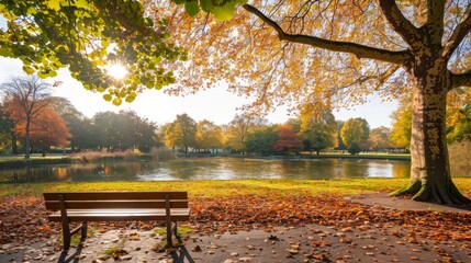 Tranquil autumn scene with a red bench by a lake in a sunny park. Concept of fall foliage, peaceful nature, reflection, serene landscape