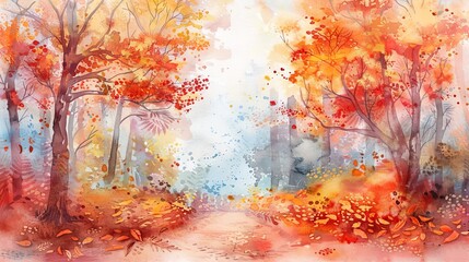 Watercolor painting of a vibrant autumn forest with colorful foliage. Concept of fall season, nature landscape, foliage, tranquility