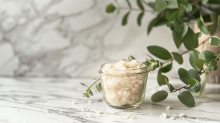 Natural Body Scrub in Glass Jar with Eucalyptus Leaves on Marble Surface